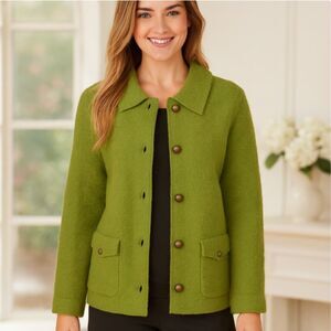 Carole Little Jacket Vintage Green 100% Wool Metal Button Front Pockets Size L